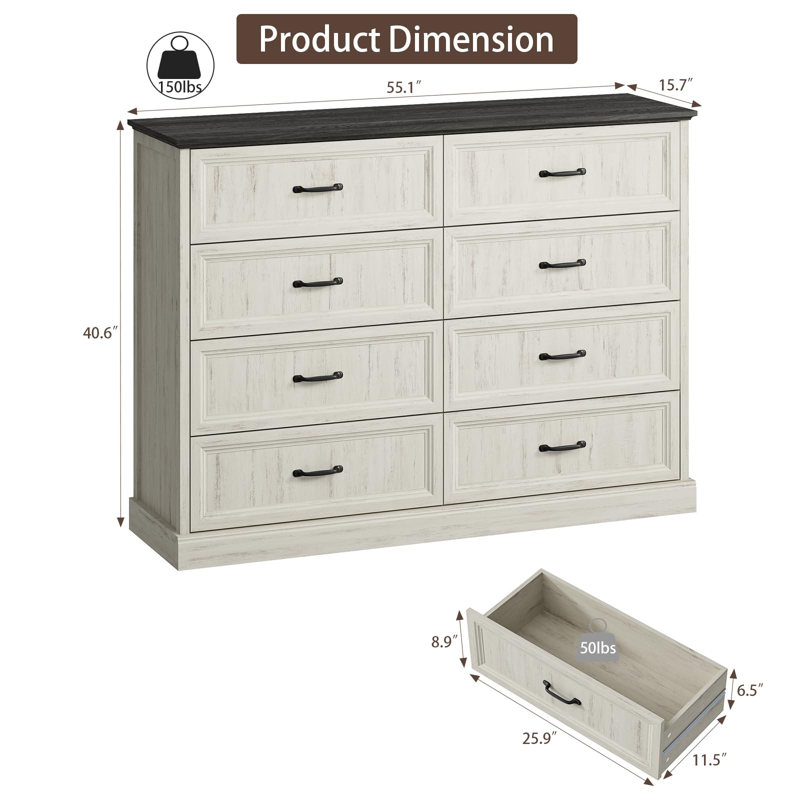 Farmhouse 5 Drawers Dresser for Bedroom, 44" Tall Brown dresser Wood Rustic Chest of Drawers with Wide Metal Handle,Natural Texture,Drawer Organizer for Bedroom,Living Room,Hallway and Entryway