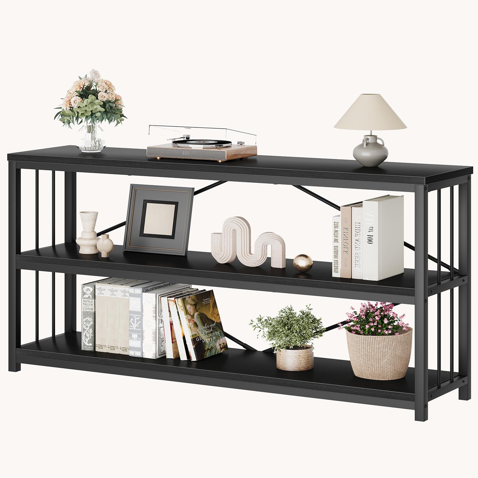 LVB Black Console Table, Modern Entryway Table for Hallway Living Room, Industrial Sofa Table Behind Couch, Farmhouse Wooden Metal Entry Table for Foyer with 3-Tier Storage Shelves, Black Oak, 55 Inch