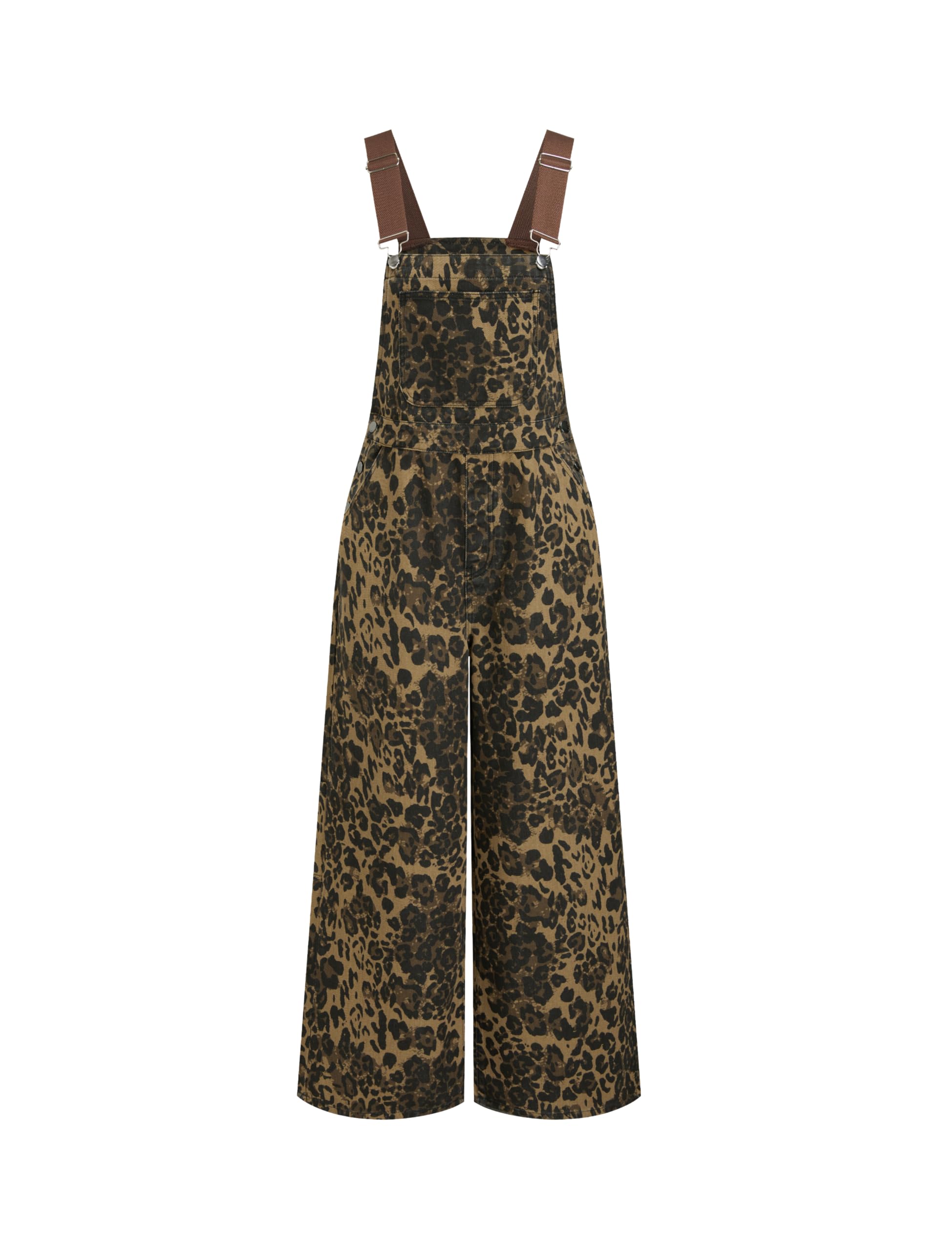 CIDER Overalls for Women Leopard Pocket Buckle Up Wide Leg Jumpsuit