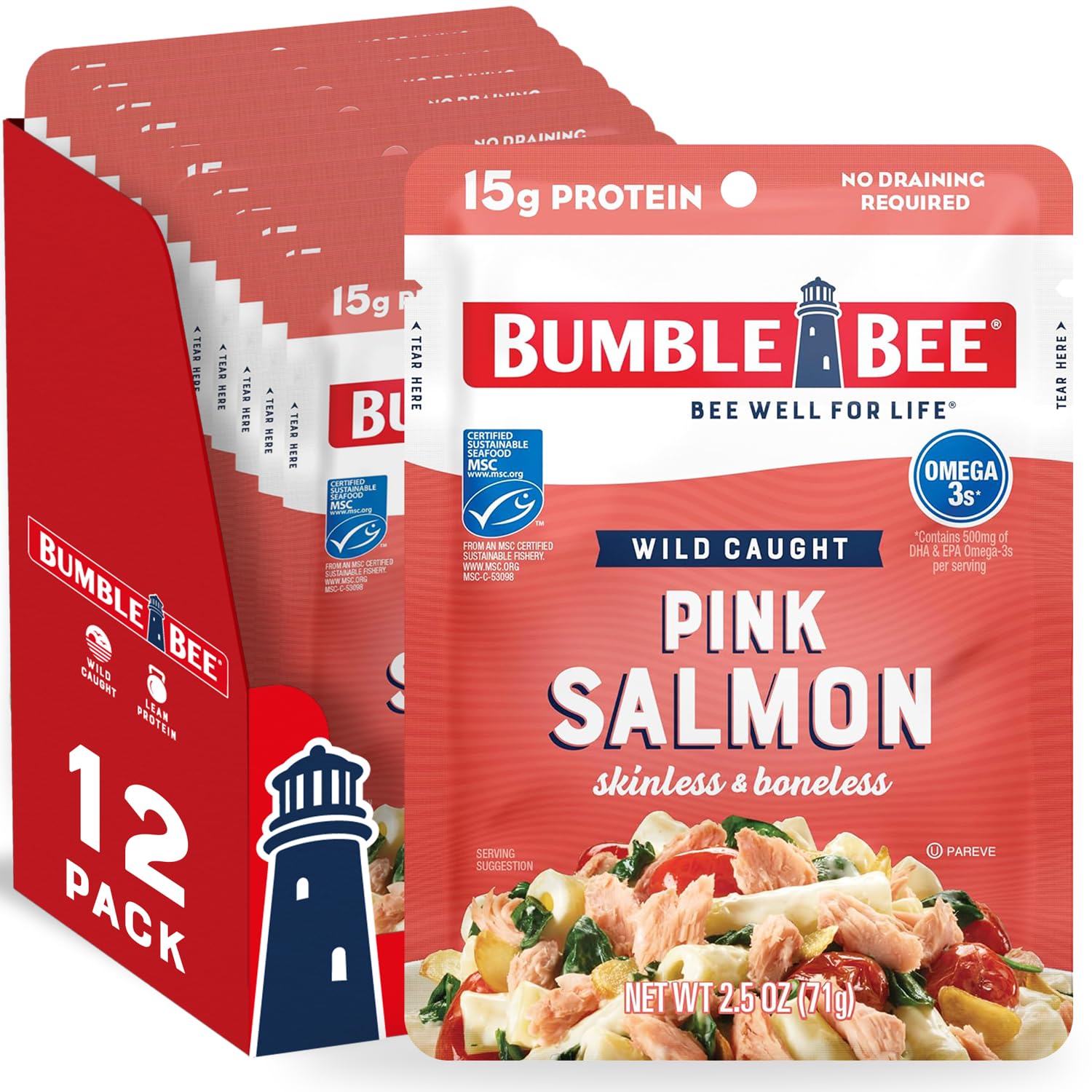Bumble Bee Skinless & Boneless Pink Salmon, 5 oz Pouch - Premium Wild Caught Salmon for Snacks, Sandwiches & Recipes - 29g Protein per Serving - Gluten Free, Kosher, MSC Certified