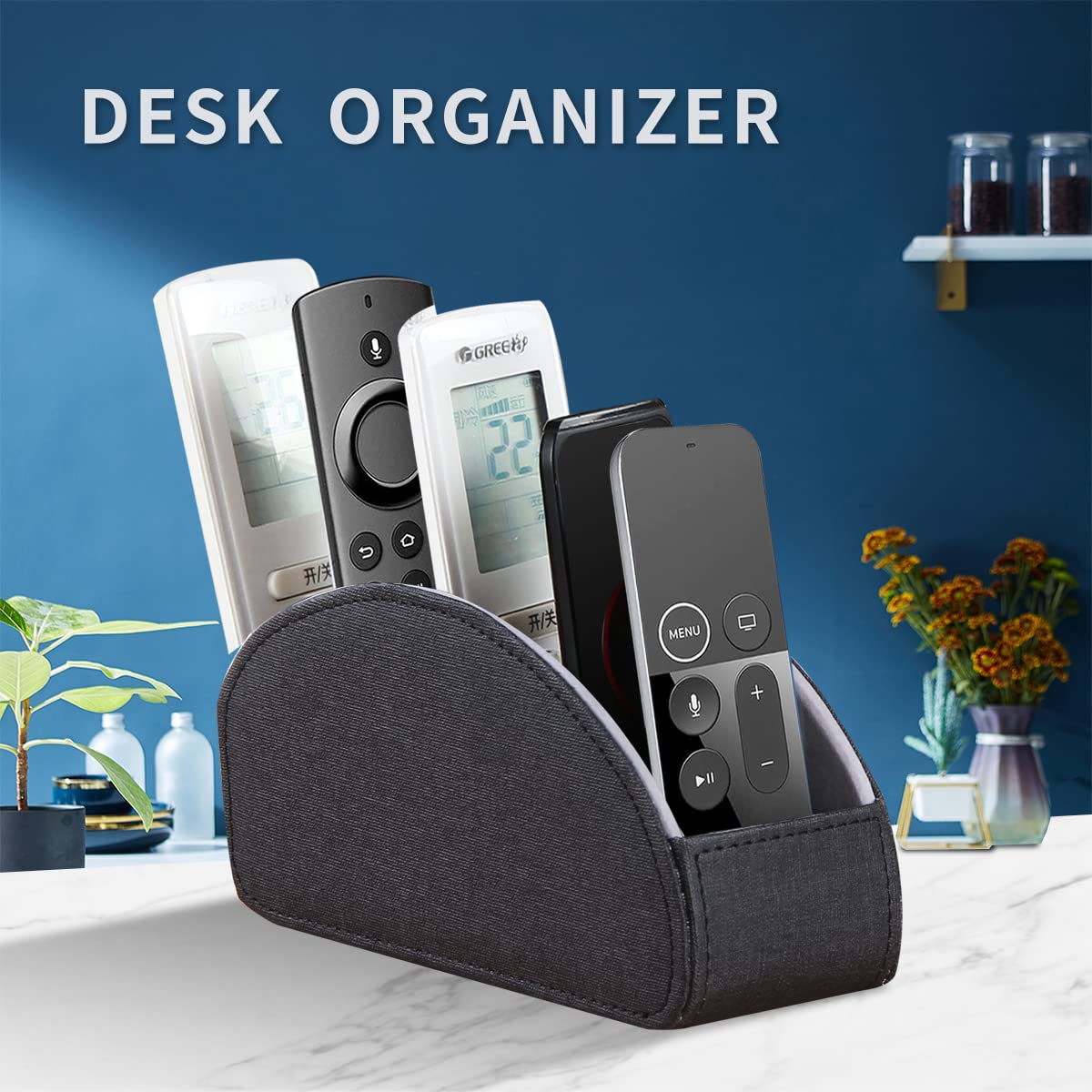 YAPISHI All-in-One Leather Brown TV Remote Holder with 5 Compartments Nightstand Desktop Media Player Remote Caddy Storage Box Organizer Tray for Mobile Office Phone Controller