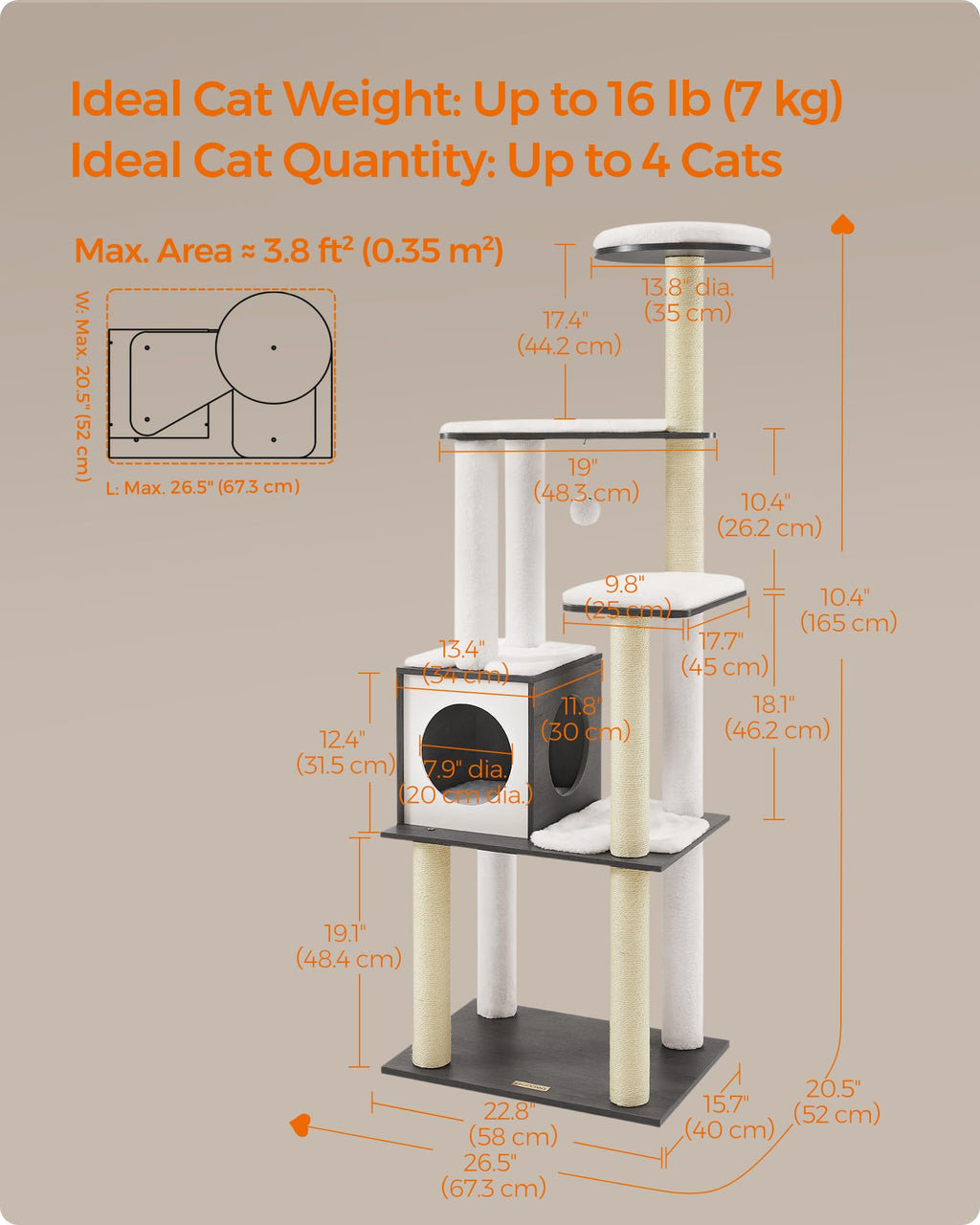 Feandrea Cat Tree, 65-Inch Modern Cat Tower for Indoor Cats, Multi-Level Cat Condo with 5 Scratching Posts, Perch, Washable Removable Cushions, Cat Furniture, Cloud White UPCT166W01