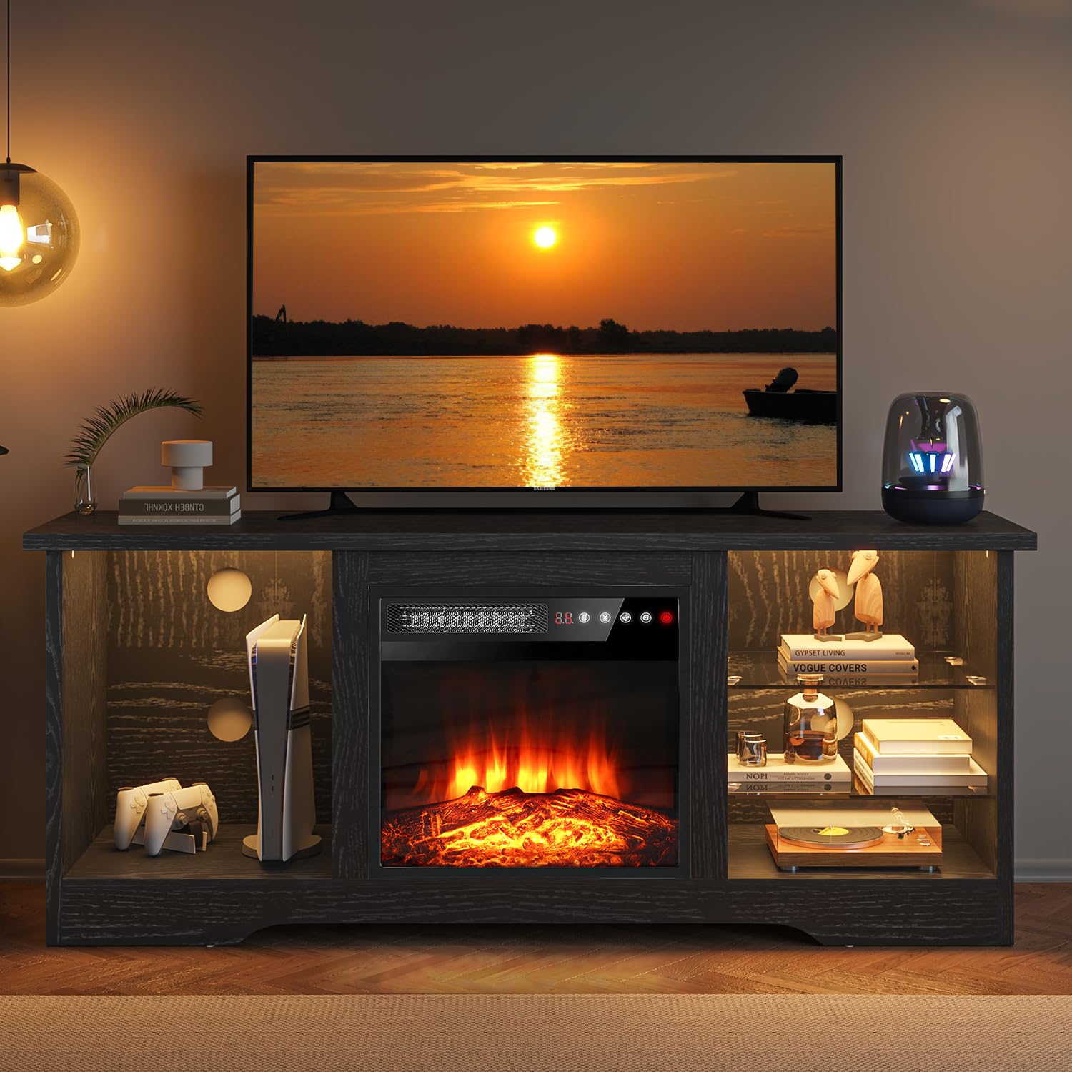 VITESSE 58 Inches Fireplace TV Stand for TVs up to 65 Inches Console with 18'' Electric Fireplace & Remote,Wooden Modern Entertainment Center for Living Room with LED Light Glass Shelves（Bei）