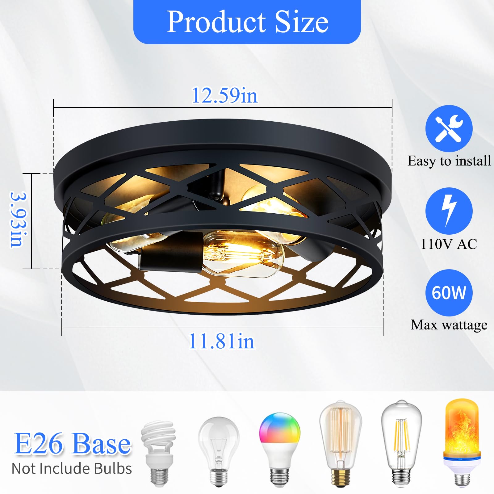 SKEJAO Flush Mount Ceiling Light Fixture,Black 2-Light Hallway Light Fixtures Ceiling,Light Fixtures Ceiling Mount for Farmhouse,Kitchen,Hall,Bedroom,Bathroom (2 Pack)