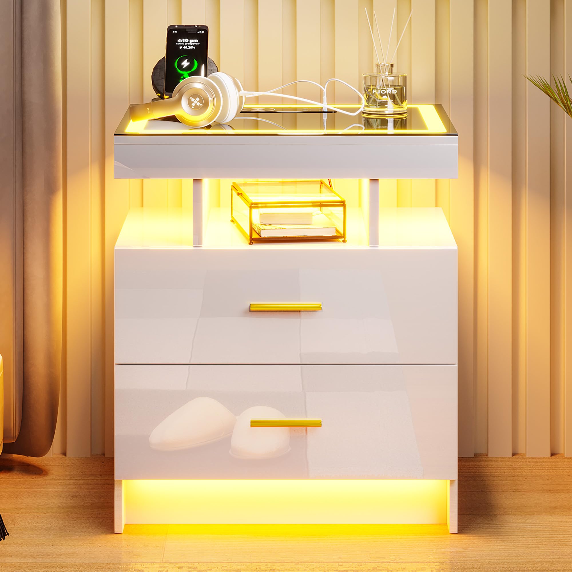 HNEBC LED Nightstand with Charging Station,Smart Bedside Table with Motion Sensor Lights,3 Drawers,Tempered Glass Top,High Gloss End Table with 3 Color Lights for Bedroom, Living Room,Office-Black