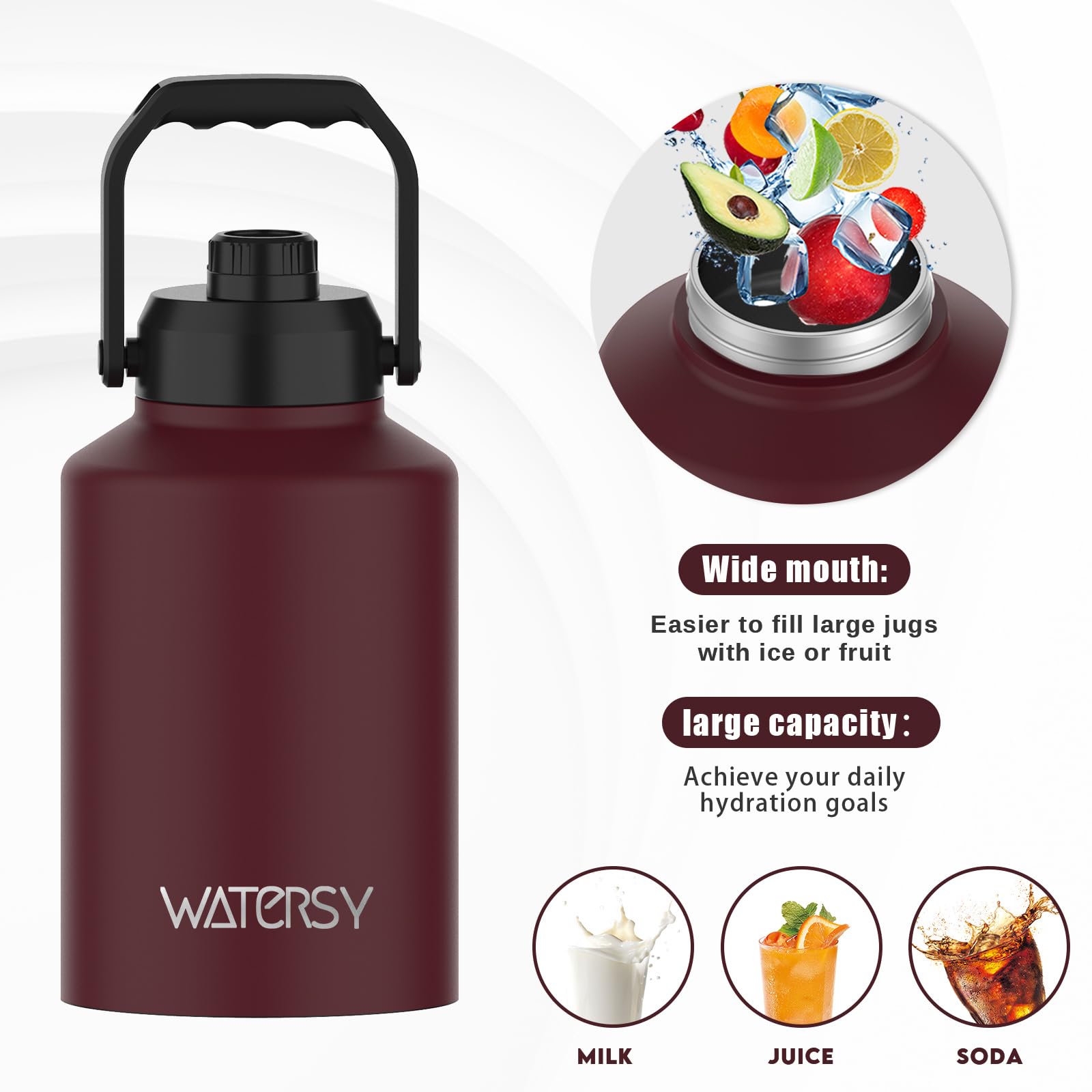 WATERSY Half Gallon Water Bottle Insulated(Cold for 48 Hrs),BPA Free&Leak Proof,64oz Stainless Steel Water Jug/Flask,Big thermo,Large Water Bottle with Handle for Gym,Hiking,Camping,Black