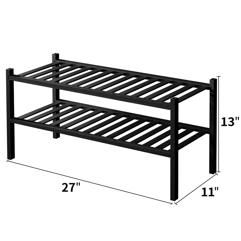 ROMGUAR CRAFT 2-Tier Bamboo Long Shoe Rack, Free Standing Wood Shoe Shelf Storage Organizer for Closet Entryway Stackable 35"x11"x13" (Black)