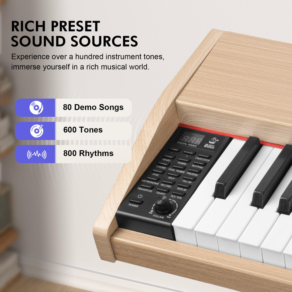 UISCOM Digital Piano Keyboard for Beginners, Full Size 88 Key Semi-Weighted Keyboard Electric Piano with Stand,Power Adapter,Sheet Music Stand,Pedal,Headphone,USB-MIDI Compatible,Wood Grain Apricot