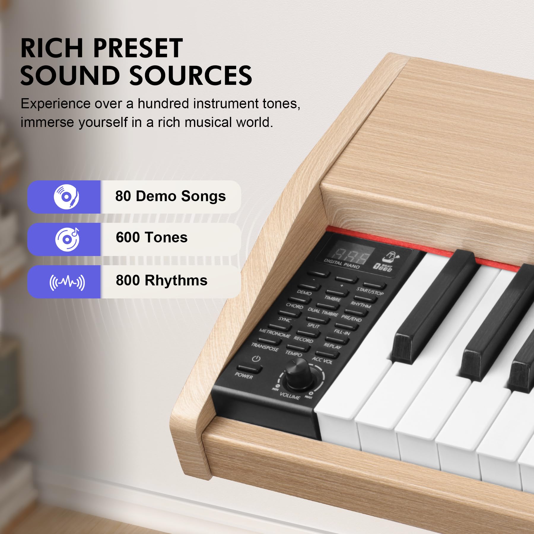 UISCOM Digital Piano Keyboard for Beginners, Full Size 88 Key Semi-Weighted Keyboard Electric Piano with Stand,Power Adapter,Sheet Music Stand,Pedal,Headphone,USB-MIDI Compatible,Wood Grain Apricot
