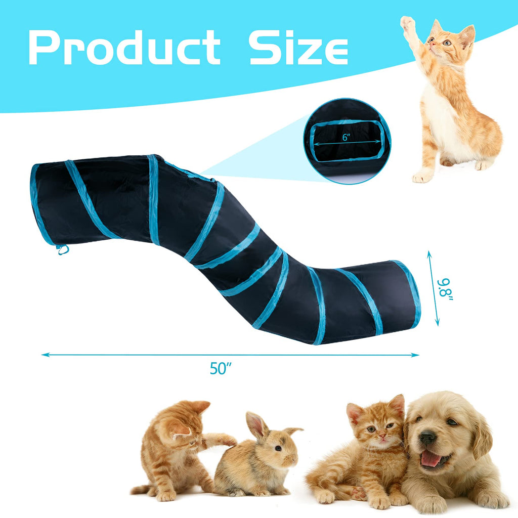 Sheldamy Cat Tunnel, 2-Way Collapsible Play Tunnel, Interactive Toy Maze for Small Animals, Suitable for Kittens, Puppies, Rabbits, Ferrets, Blue & Black