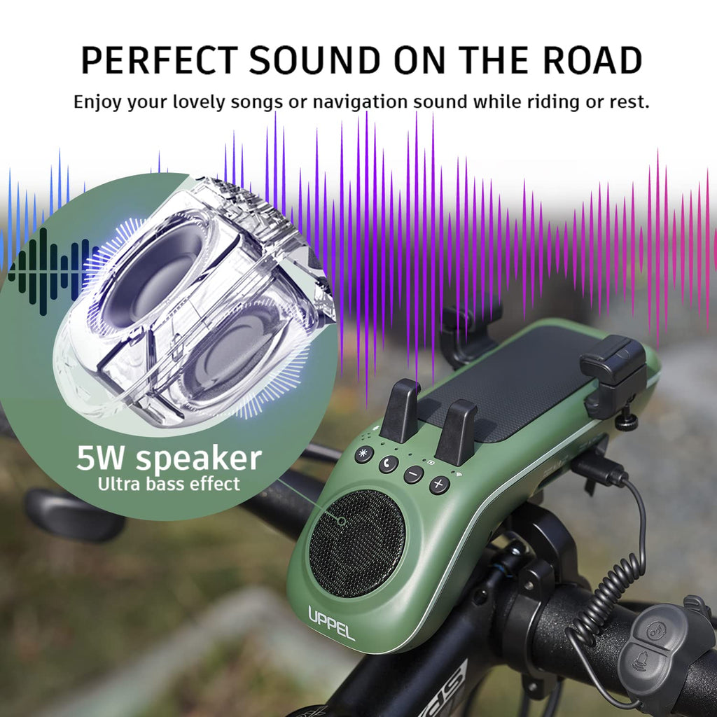 UPPEL Bluetooth Speaker Bicycle, Multifunctional Bike Phone Holder 10-in-1- LED Light - Bike Horn - Microphone - Ideal for Road & Mountain Bike (Black)