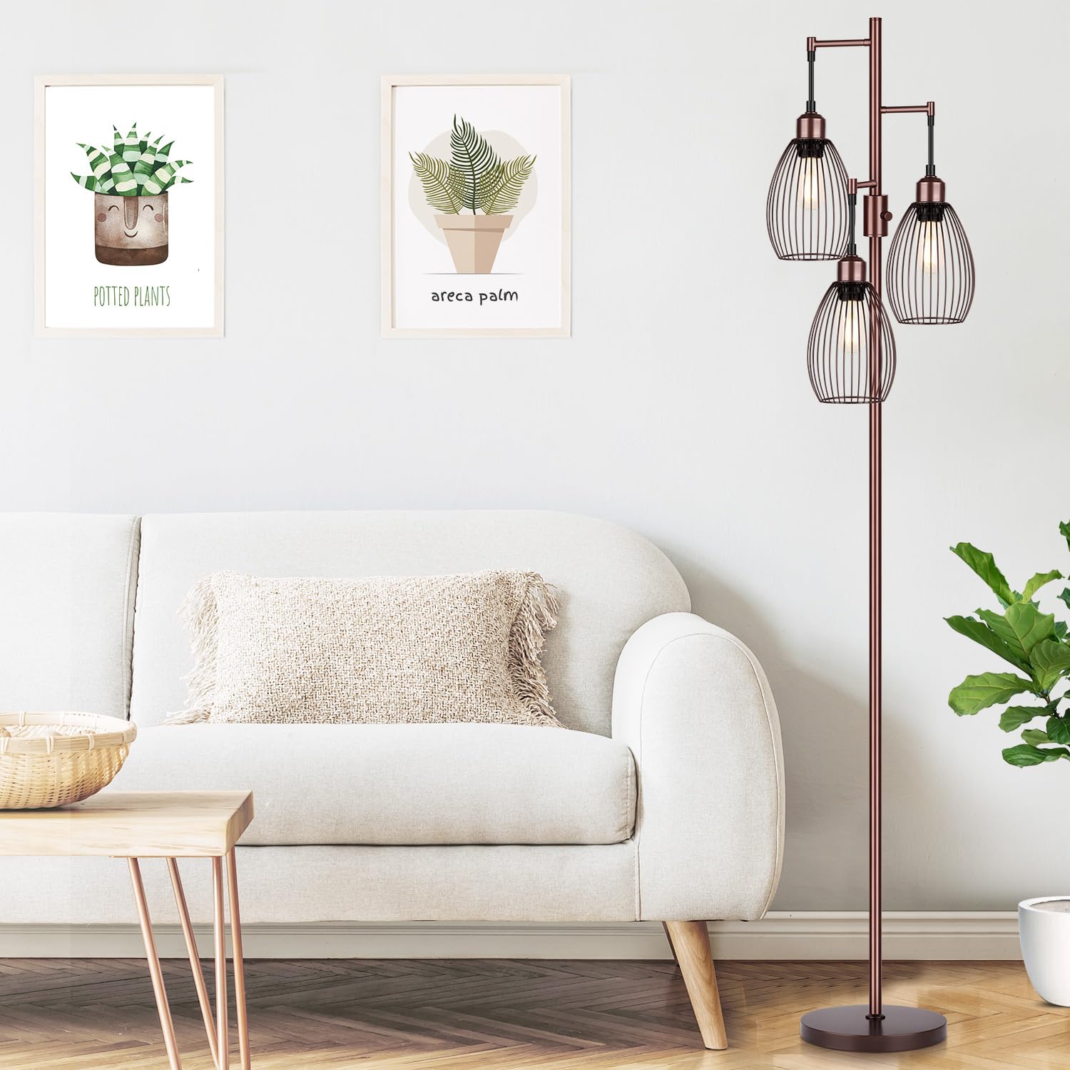 Dimmable Floor Lamp, 3 x 800LM LED Edison Bulbs Included, Farmhouse Industrial Floor Lamp Standing Tree Lamp with Elegant Teardrop Cage Tall Lamps for Living Room Bedroom Office Dining Room-Brass