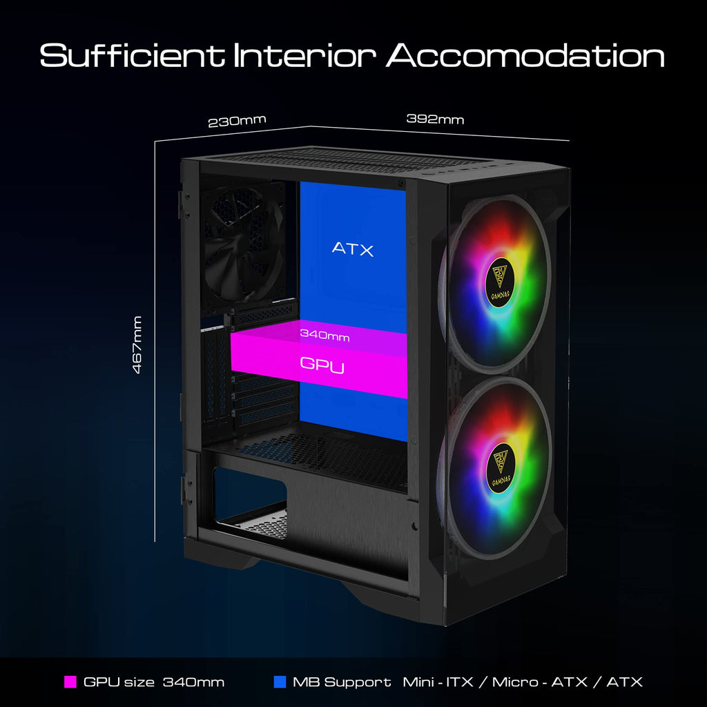 GAMDIAS ATX Mid Tower Gaming Computer PC Case Tempered Glass, Built-in 4X 120mm ARGB Case Fans, Front Airflow Mesh, Up to 6x120mm Fans, 340mm GPU/VGA, 360mm AIO/Radiator, 160mm CPU Cooler