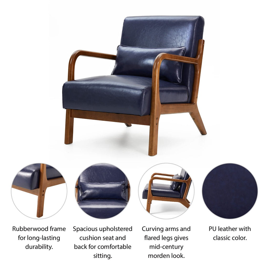 Glitzhome 2 Set Mid Century Black Accent Armchair, Single Reading Armchair PU Leather Lounge Chair with Walnut Ruberwood Frame