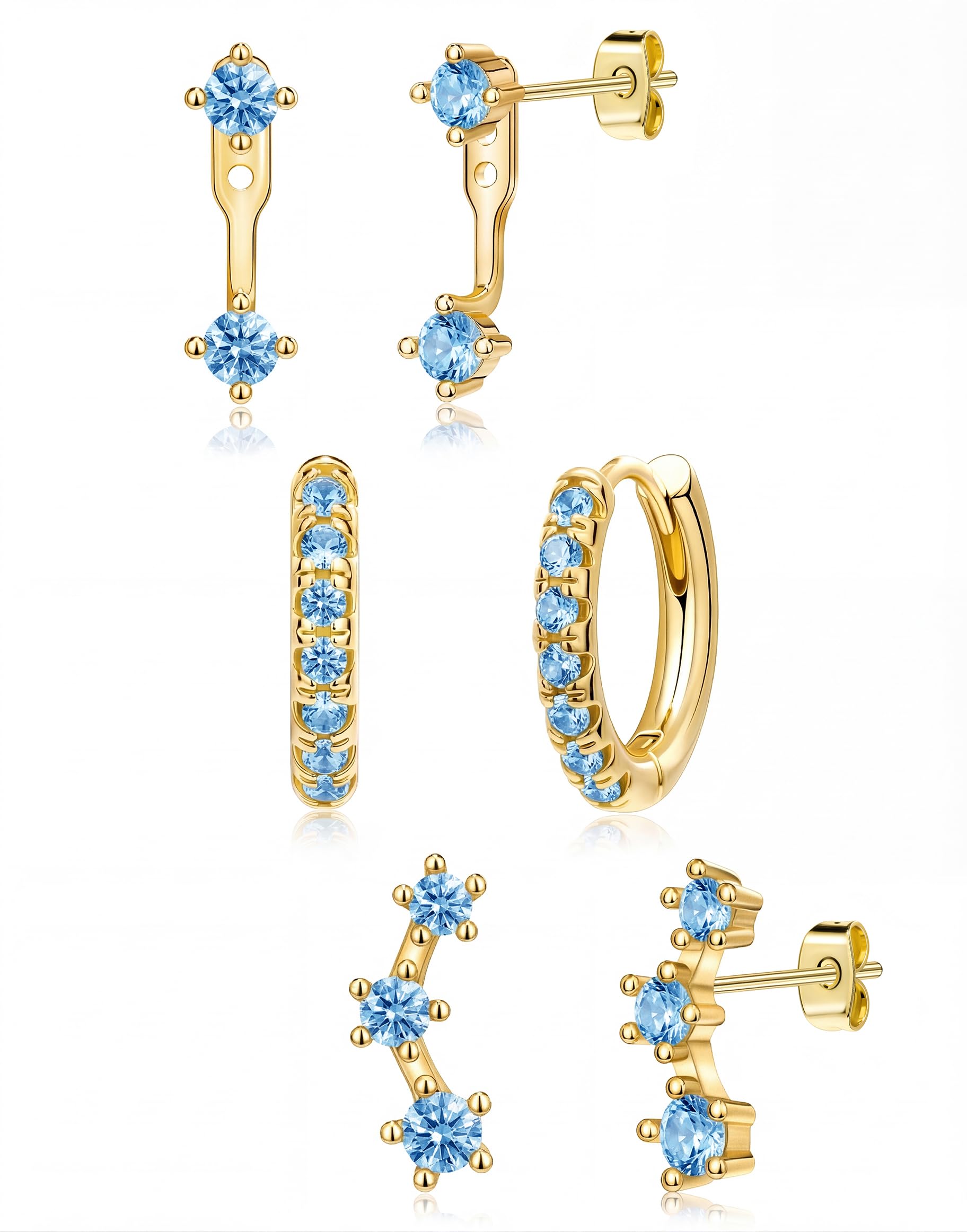 3 Pairs Dainty Small Earrings Set for Women Trendy, Birthstone Stud Huggie Hoop Jacket Stack for Cartilage Helix, Gold Plated Hypoallergenic Cute Women Fashion Accessories Western Jewelry Gifts