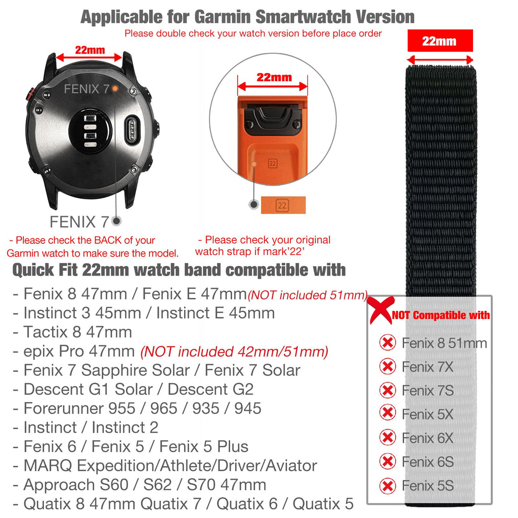 Abanen Hook and Loop Quick Dry Watch Band for Fenix 8 47mm/ epix Pro 47mm / Fenix 7/6/5, 22mm Woven Nylon Ultralight Sport Wristband Strap for Garmin Instinct 2, Instinct 3 45mm