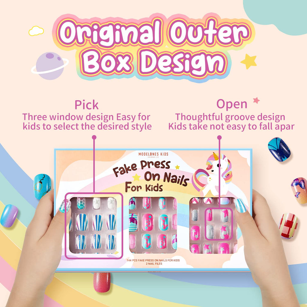 Modelones Press on Nails for Kids 144Pcs 6 Pack Children Acrylic Fake Nails Pre-glue Full Cover Glitter Gradient Color Heart Cat Short False Nail Art Kits Sets Christmas Gifts for Kids Girls