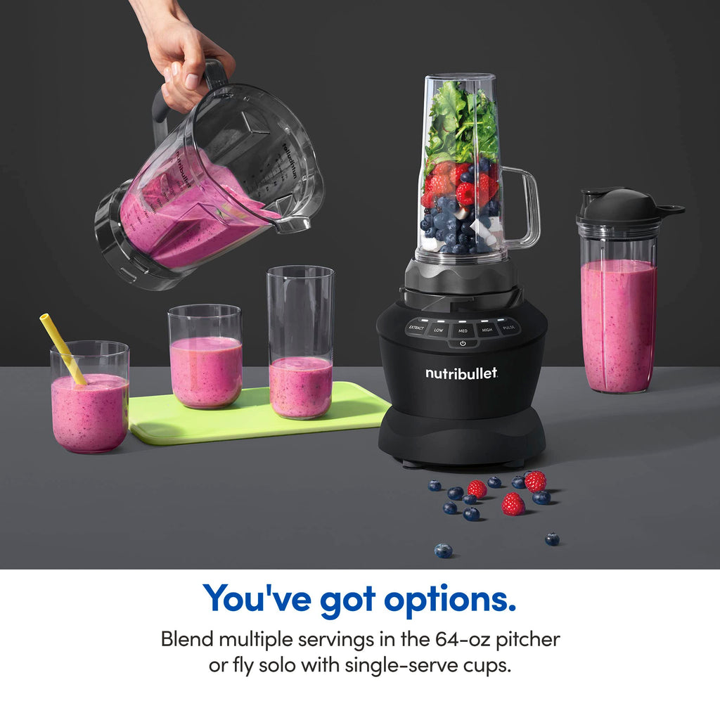 nutribullet Full-Size Blender Combo, Single-Serve & Large Capacity, 1200W, 64oz Pitcher, 32oz Cup, Extractor Blade, 3-Speed, Pulse, Smoothies, Soups, Sauces, Easy Cleaning, Matte Black, NBF50500AK