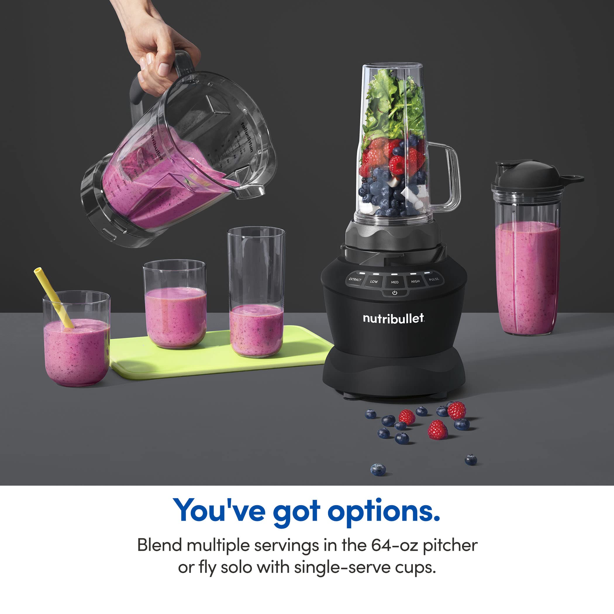 nutribullet Full-Size Blender Combo, Single-Serve & Large Capacity, 1200W, 64oz Pitcher, 32oz Cup, Extractor Blade, 3-Speed, Pulse, Smoothies, Soups, Sauces, Easy Cleaning, Matte Black, NBF50500AK