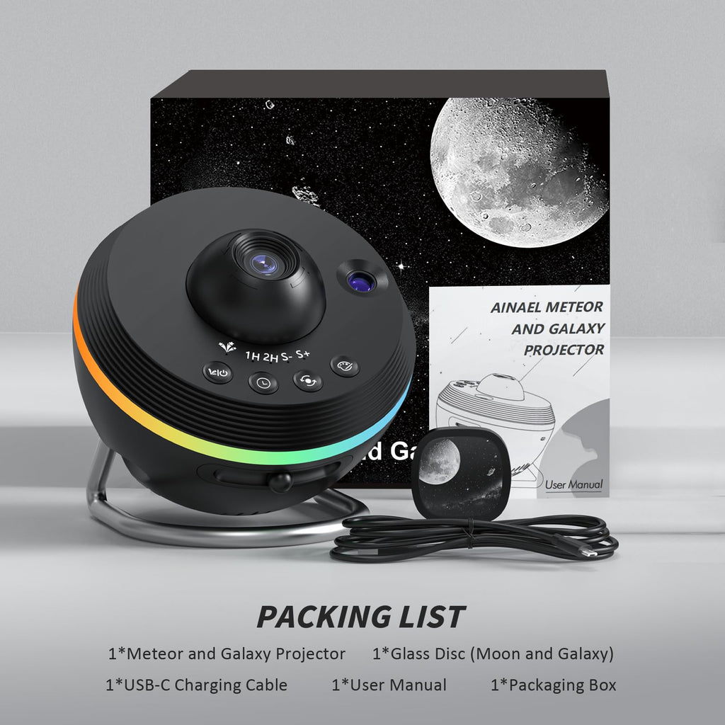 Galaxy Projector, Star Projector Home Planetarium with 1 Glass Projection Disc, 180° Rotatable Starry Sky Night Light with Meteor Effects & Light Strip for Bedroom, Kids & Adults Gift