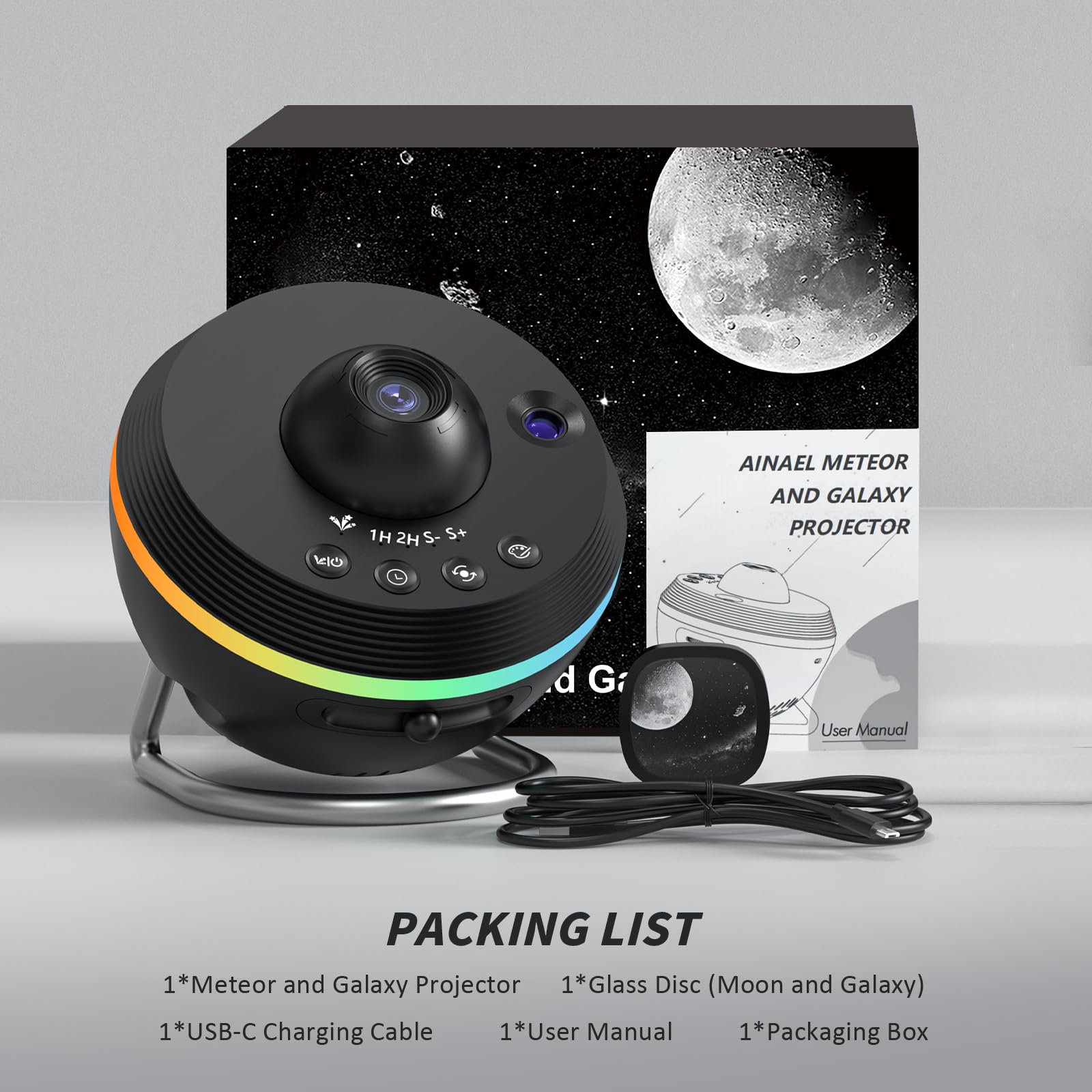 Galaxy Projector, Star Projector Home Planetarium with 1 Glass Projection Disc, 180° Rotatable Starry Sky Night Light with Meteor Effects & Light Strip for Bedroom, Kids & Adults Gift