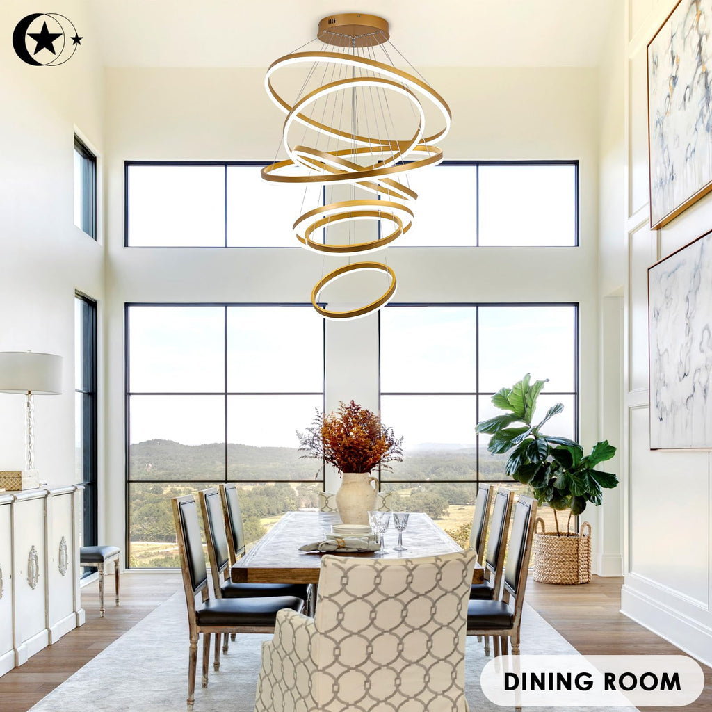 5-Rings Modern LED Chandelier Black Dimmable High Ceiling Chandelier for Dining Room with Remote Control for Foyer Living Room Entryway Staircase(D23.6’’, 3000K-6500K)