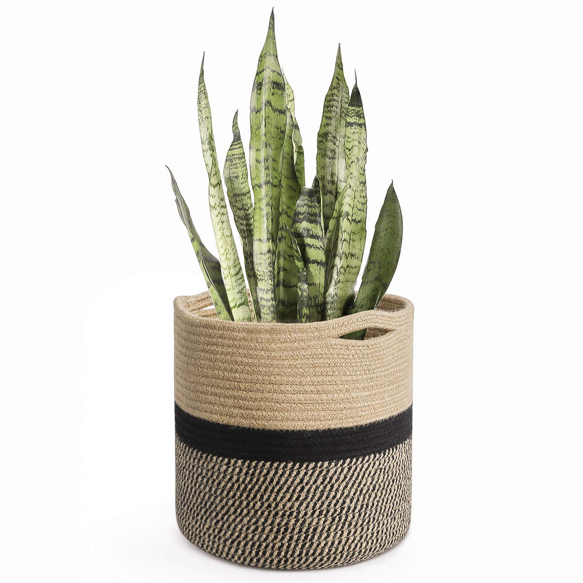 TIMEYARD Sturdy Jute Rope Plant Basket Modern Woven Basket up to 7.5 Inch Flower Pot Floor Indoor Planters, 8” x 8” Storage Organizer Baskets Rustic Home Decor, Black Stripes