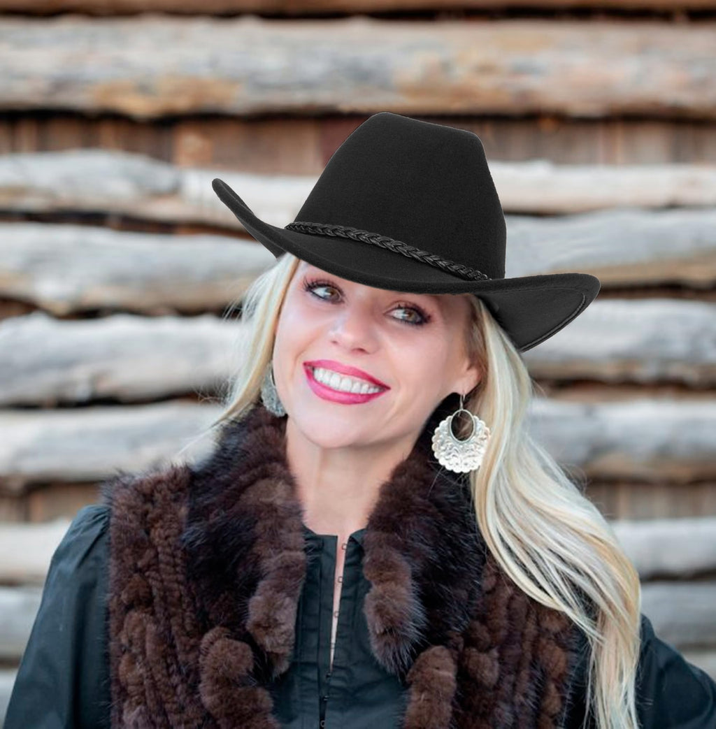Eohak Womens Western Cowboy Hats Studded Pinched Western Cowgirl Hats Wide Brim Fedoras Hat with Belt Buckle (Size:Medium)
