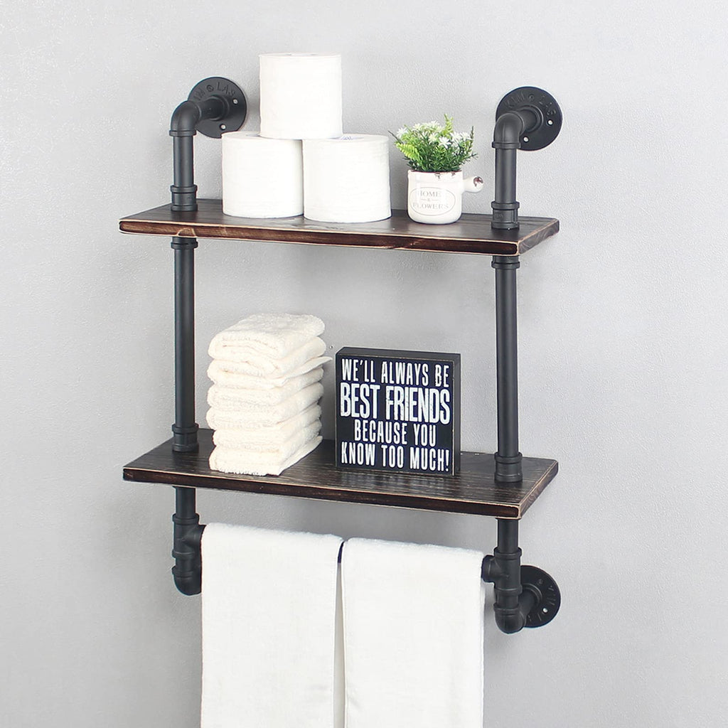 MBQQ Industrial Pipe Shelf Bathroom Shelves Wall Mounted,19.6in Rustic Wood Shelf with Towel Bar,1 Tier Farmhouse Towel Rack,Pipe Shelving Floating Shelves Towel Holder,Black & White