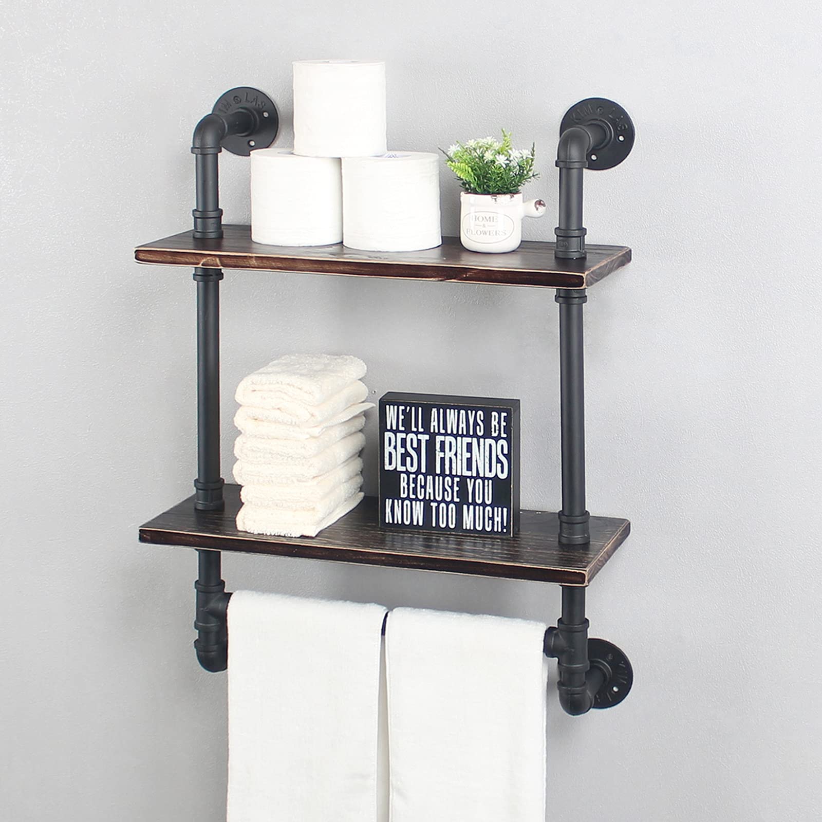 MBQQ Industrial Pipe Shelf Bathroom Shelves Wall Mounted,19.6in Rustic Wood Shelf with Towel Bar,1 Tier Farmhouse Towel Rack,Pipe Shelving Floating Shelves Towel Holder,Black & White
