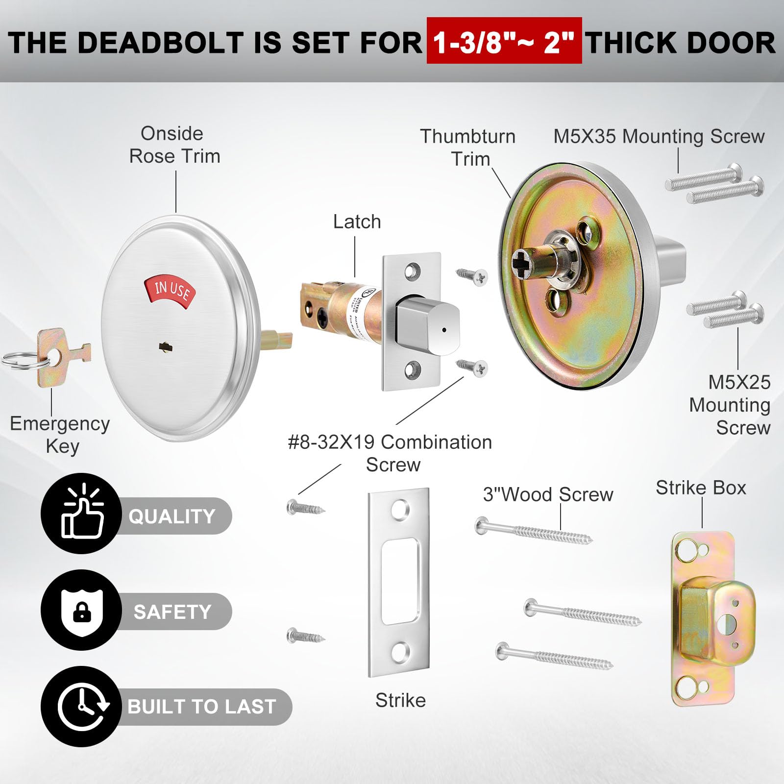 Tandefio 1 Pcs Vacant Occupied Bathroom Lock, in Use Deadbolt with Occupancy Indicator, 304 Stainless Steel, Fit Door Thickness 1 3/8" to 2", Not Adjustable, for Restaurants, Hotels, Offices (Black)