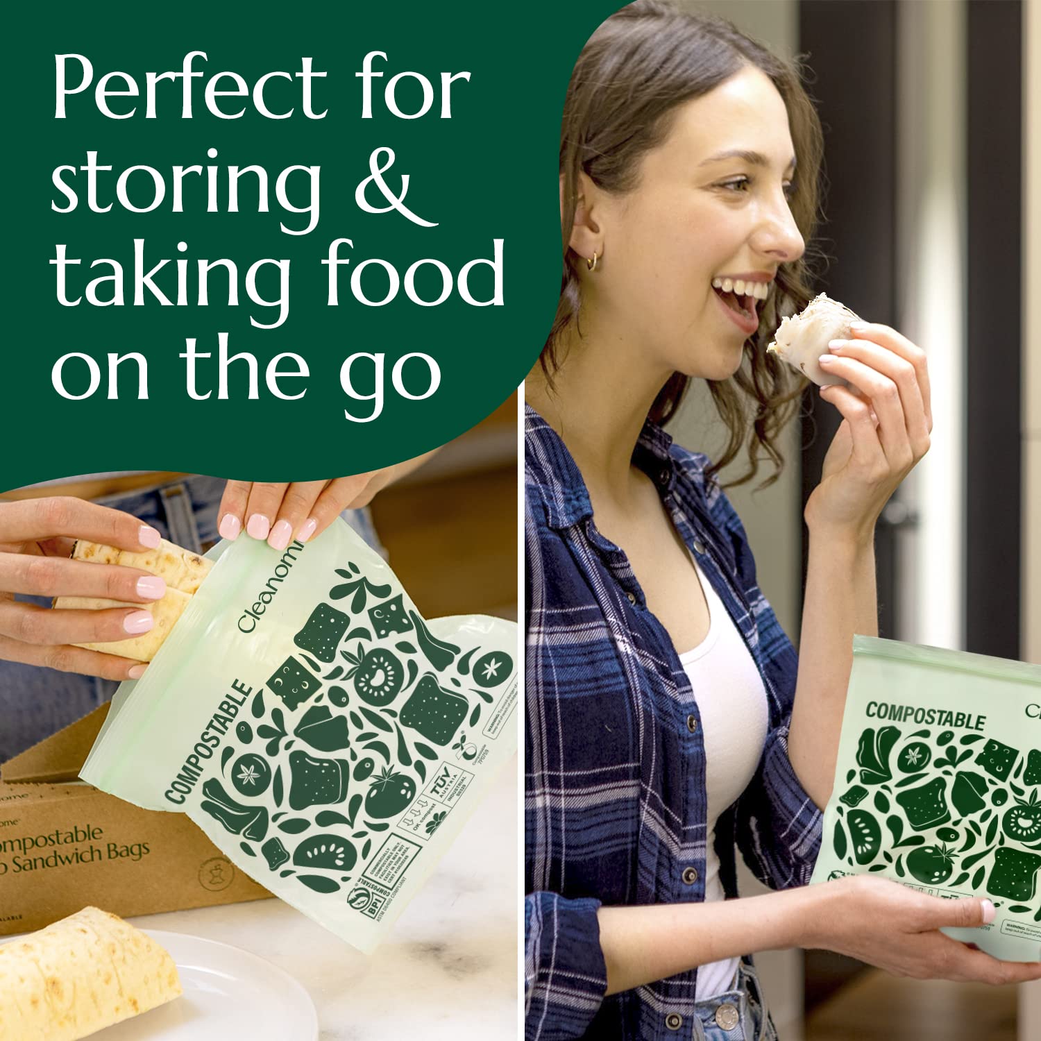 Cleanomic Compostable* Snack Size Food Storage Bags (50 Eco Zip) Freezer and Leak Proof, Also Available Gallon, Quart and Sandwich Size Bags