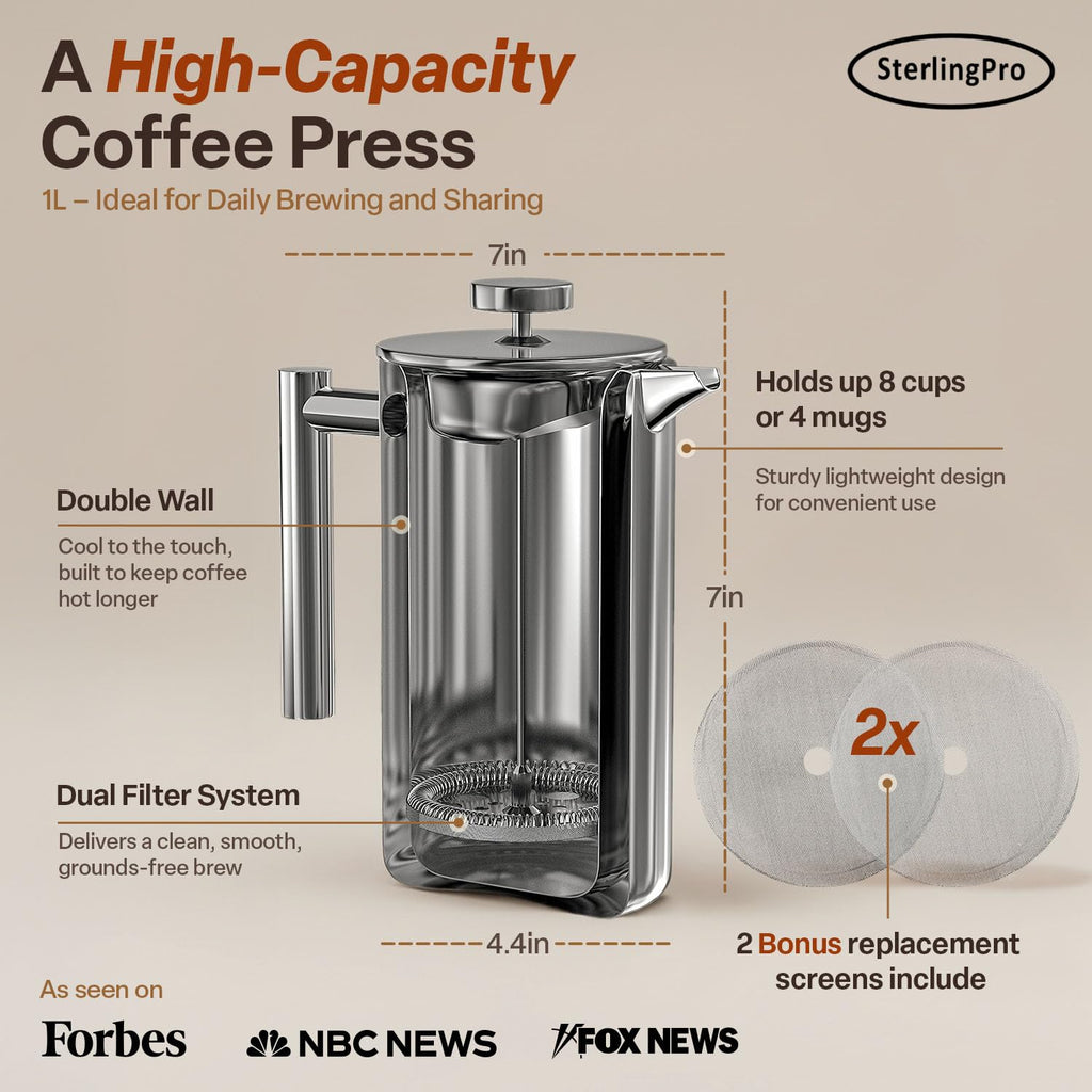 SterlingPro Stainless Steel French Press Coffee Maker 1 L (34 oz) Black – Double Walled Insulated Large Coffee Press, Durable Design Keeps Drinks Hot, Easy to Use and Clean for Rich Flavor Brewing