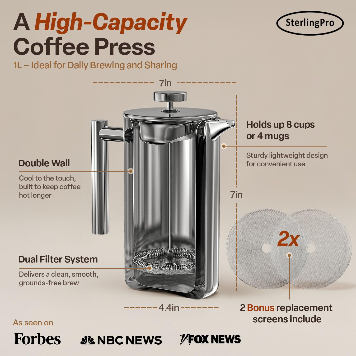 SterlingPro Stainless Steel French Press Coffee Maker 1 L (34 oz) Black – Double Walled Insulated Large Coffee Press, Durable Design Keeps Drinks Hot, Easy to Use and Clean for Rich Flavor Brewing
