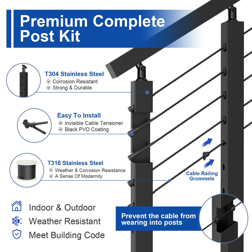 BLIKA 36" Cable Railing Corner Post, 304 Stainless Steel, 2-Side Drilled Adjustable Top Corner Post, Surface Mount Matte Black Cable Railing System Corner Post