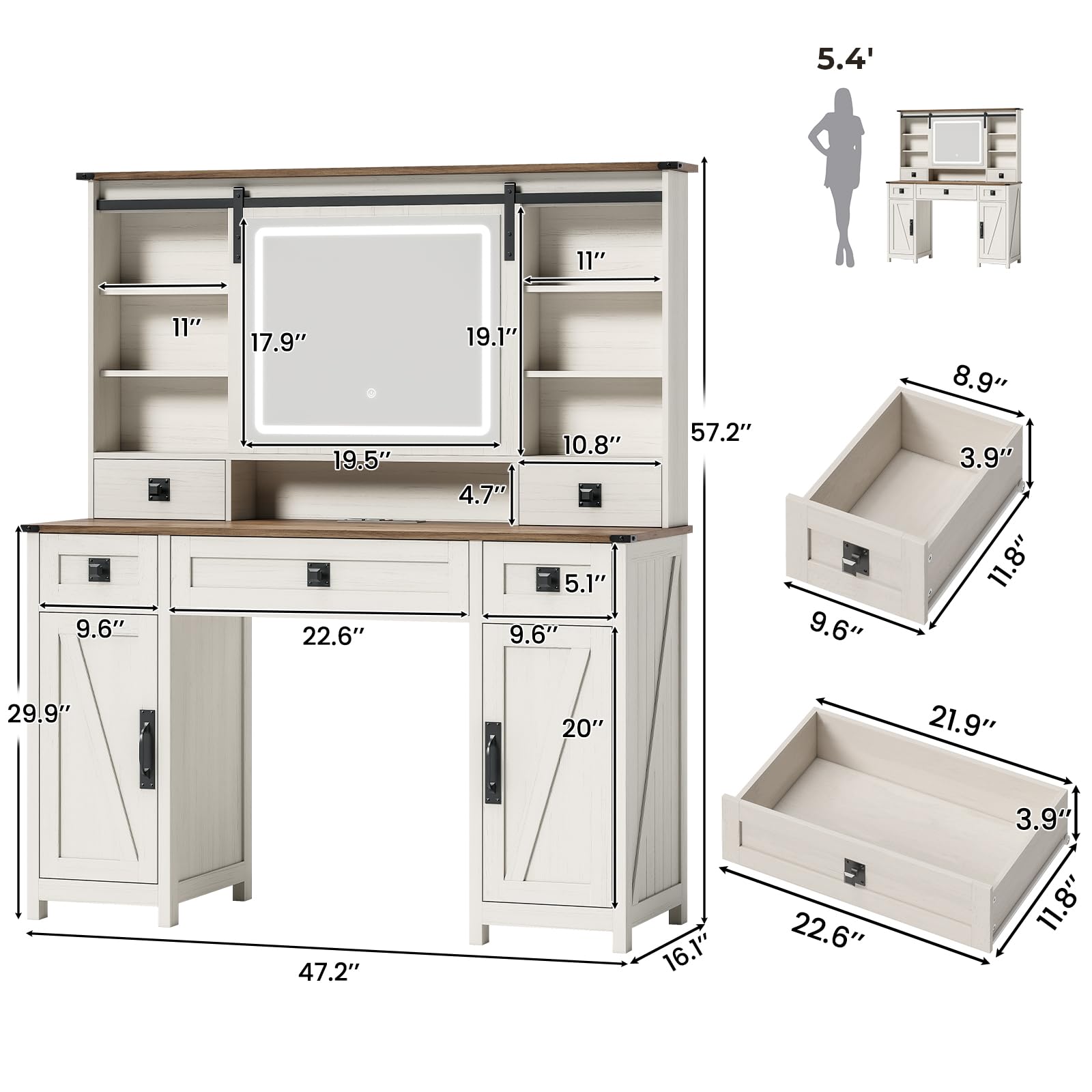 MSmask Makeup Vanity Desk with Lights, 47.2" Farmhouse Vanity Table with Sliding Mirror & Charging Station, Large Makeup Desk with 5 Drawers & 2 Cabinets, Rustic Oak
