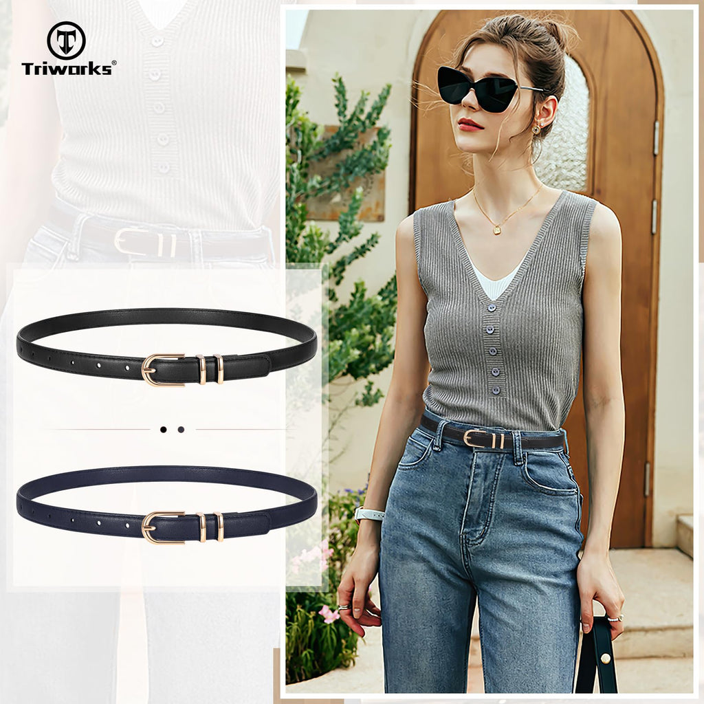 TRIWORKS 2 Pack Women Skinny Leather Belts for Jeans Pants Thin Faux Leather Belt with Gold Buckle