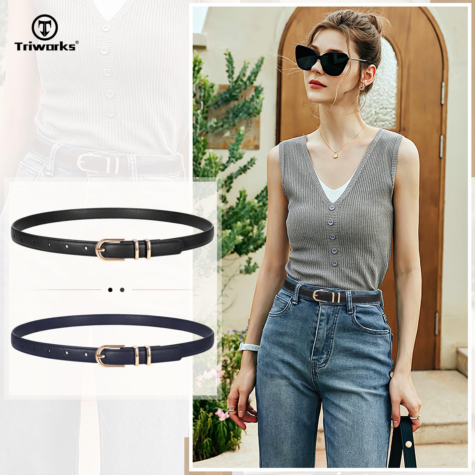TRIWORKS 2 Pack Women Skinny Leather Belts for Jeans Pants Thin Faux Leather Belt with Gold Buckle