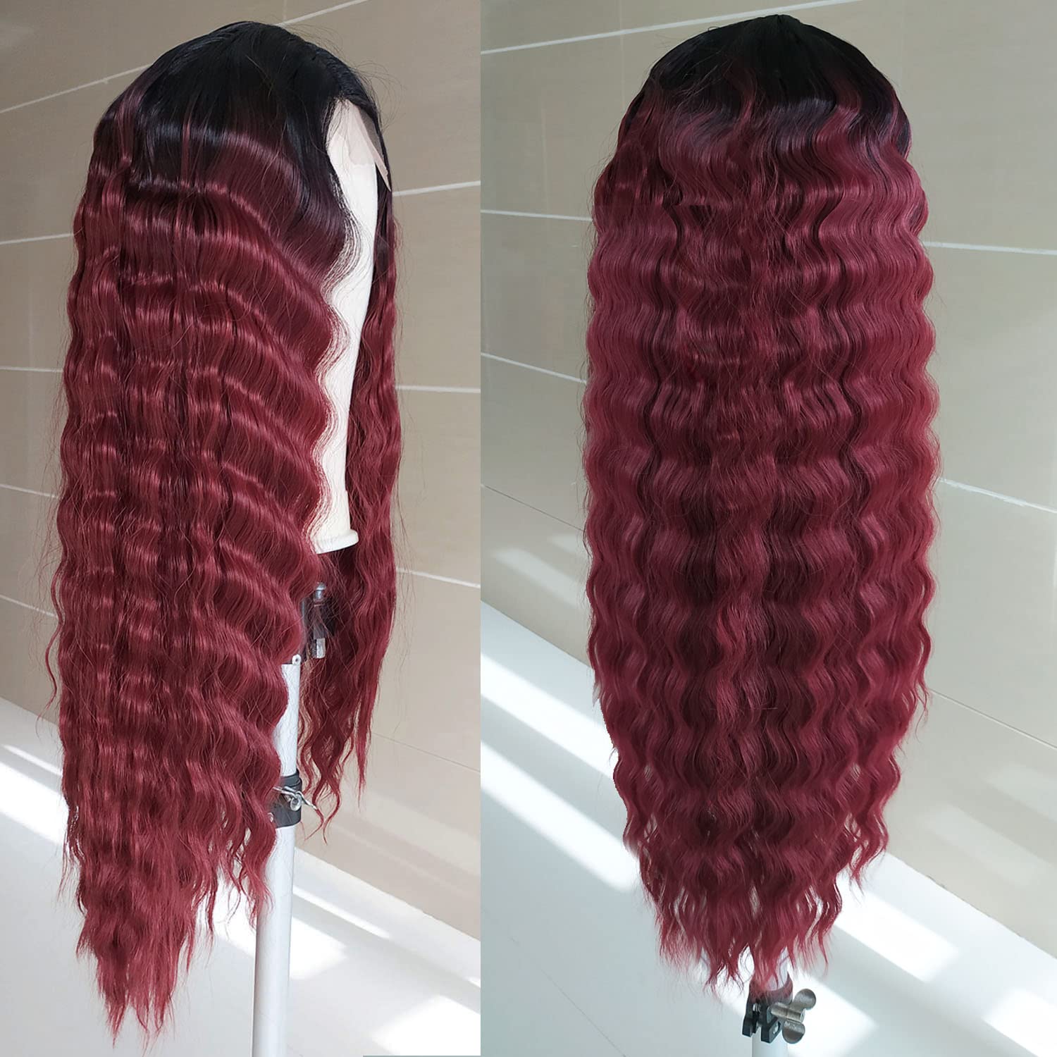 INSTASTYLE 30 Inch Synthetic Curly Wigs for Women Long Black Hair Wig Lace Front 4" Simulated Scalp Natural Loose Deep Wave Crimps Curls Wig As Hair Replacement Wigs 1B