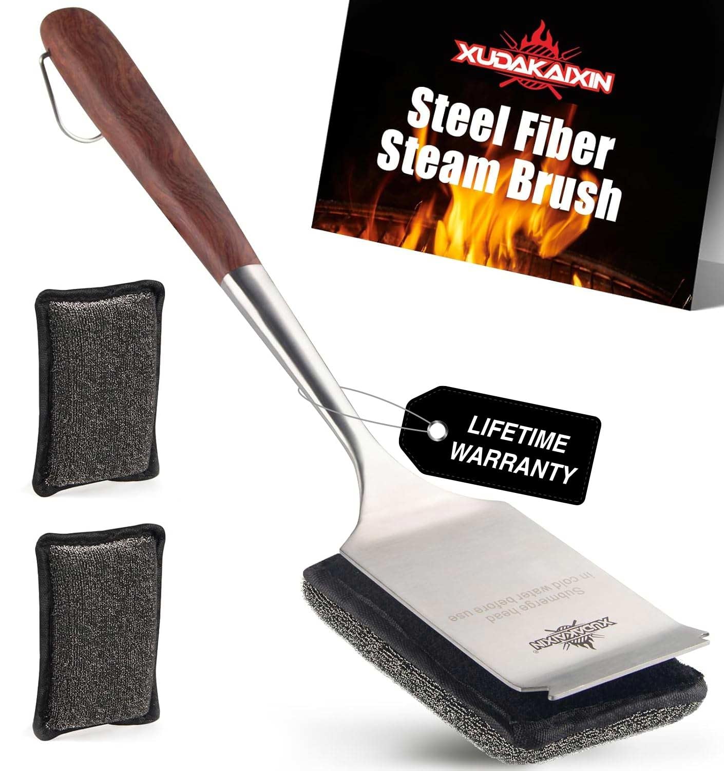 Bristle-Free Steam Cleaning Grill Brush — Features an Extended Luxurious Rosewood Handle and a Unique Wavy pad that Seamlessly fits cast Iron and Stainless Steel grates
