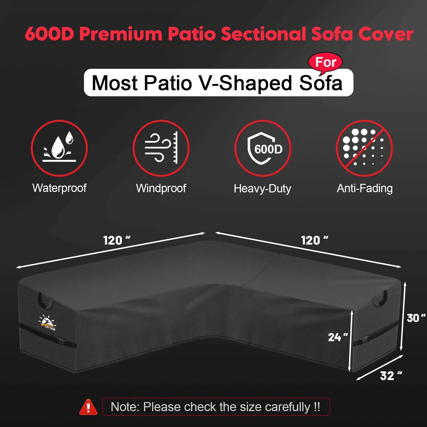 Zettum Outdoor L-Shaped Sectional Cover - 600D Patio Sectional Sofa Cover, Waterproof Patio Furniture Covers for 4-Seater Outdoor Sectional Sofa and Couch, Left Facing, 58x85 Inch Wide