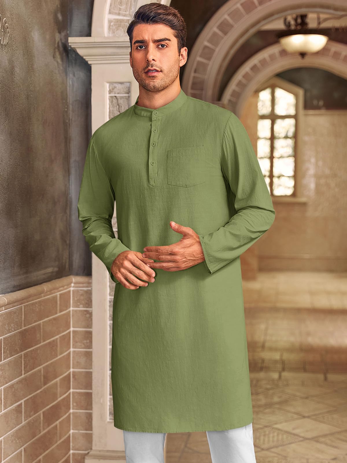Gafeng Mens Kaftan Robe Button Down Long Sleeve Henley Cotton Thobe Casual Side Split Gown Shirt