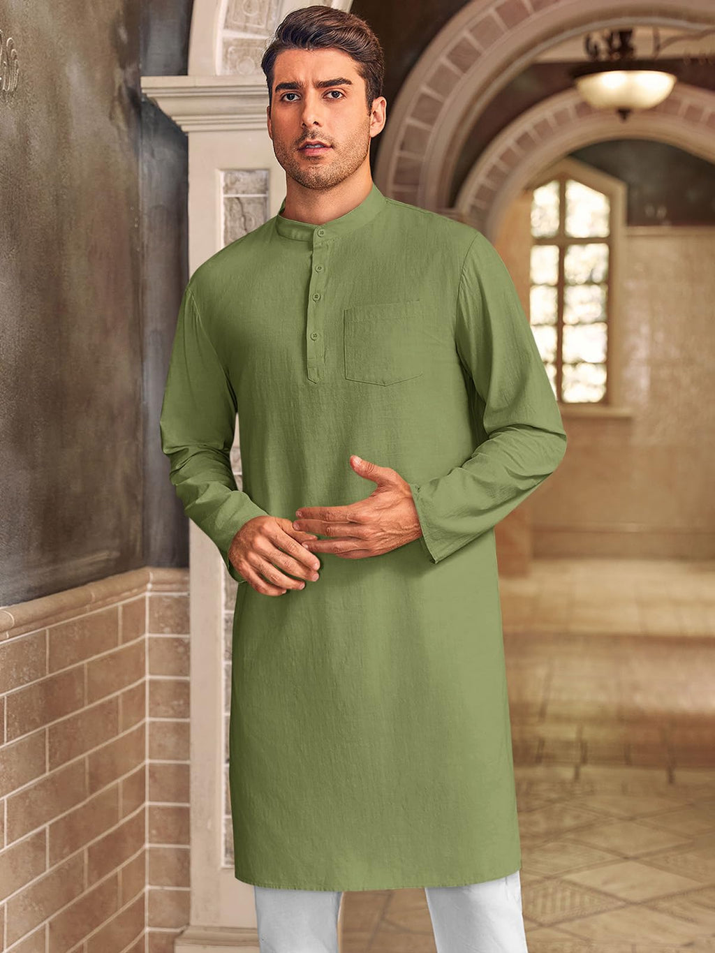 Gafeng Mens Kaftan Robe Button Down Long Sleeve Henley Cotton Thobe Casual Side Split Gown Shirt