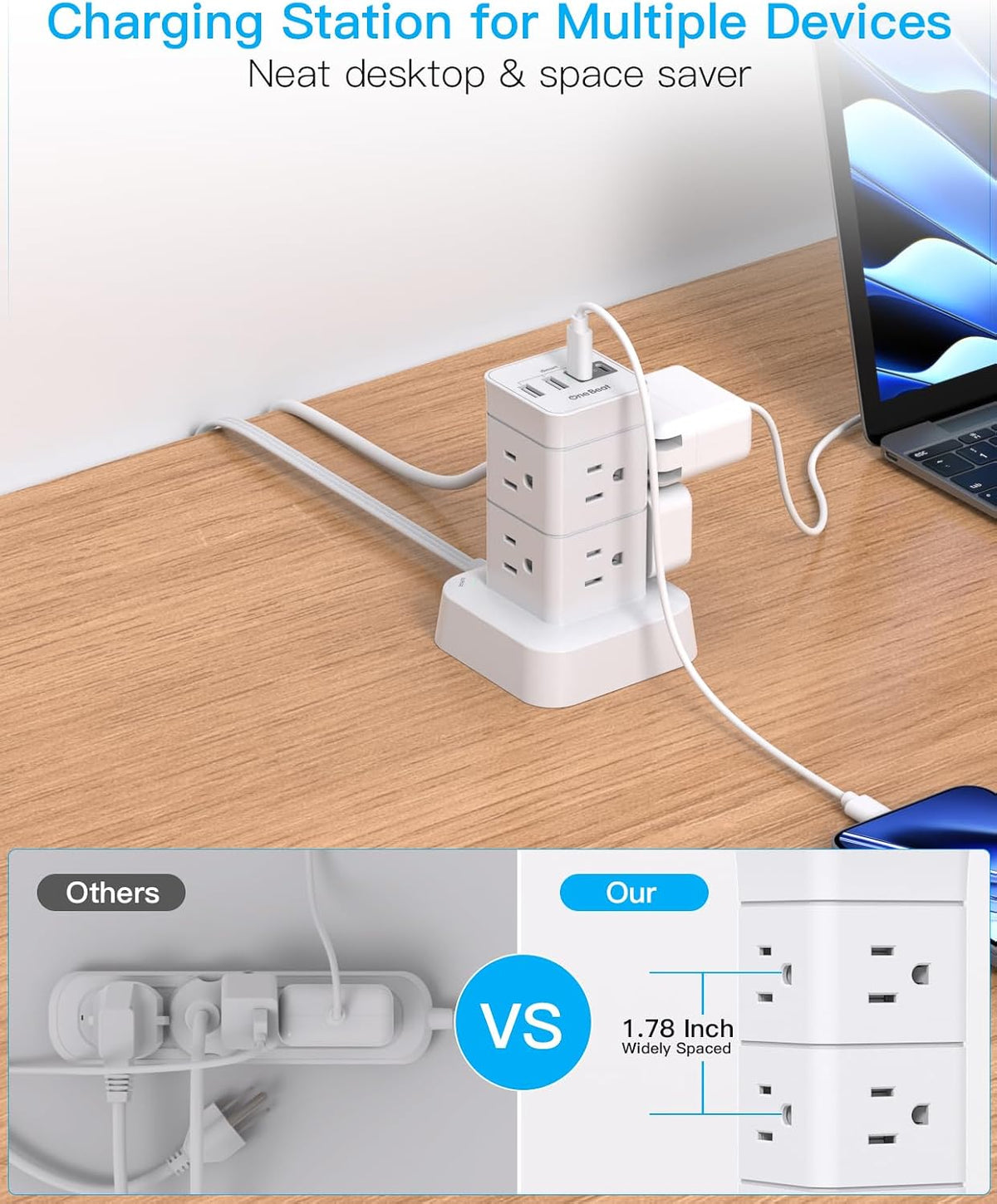 One Beat Tower Surge Protector Power Strip 10 ft,Long Flat Extension Cord with Multiple Outlets,8 AC Outlets with 4 USB Ports,Desktop Charging Station for Multiple Devices,for Home Office College Dorm