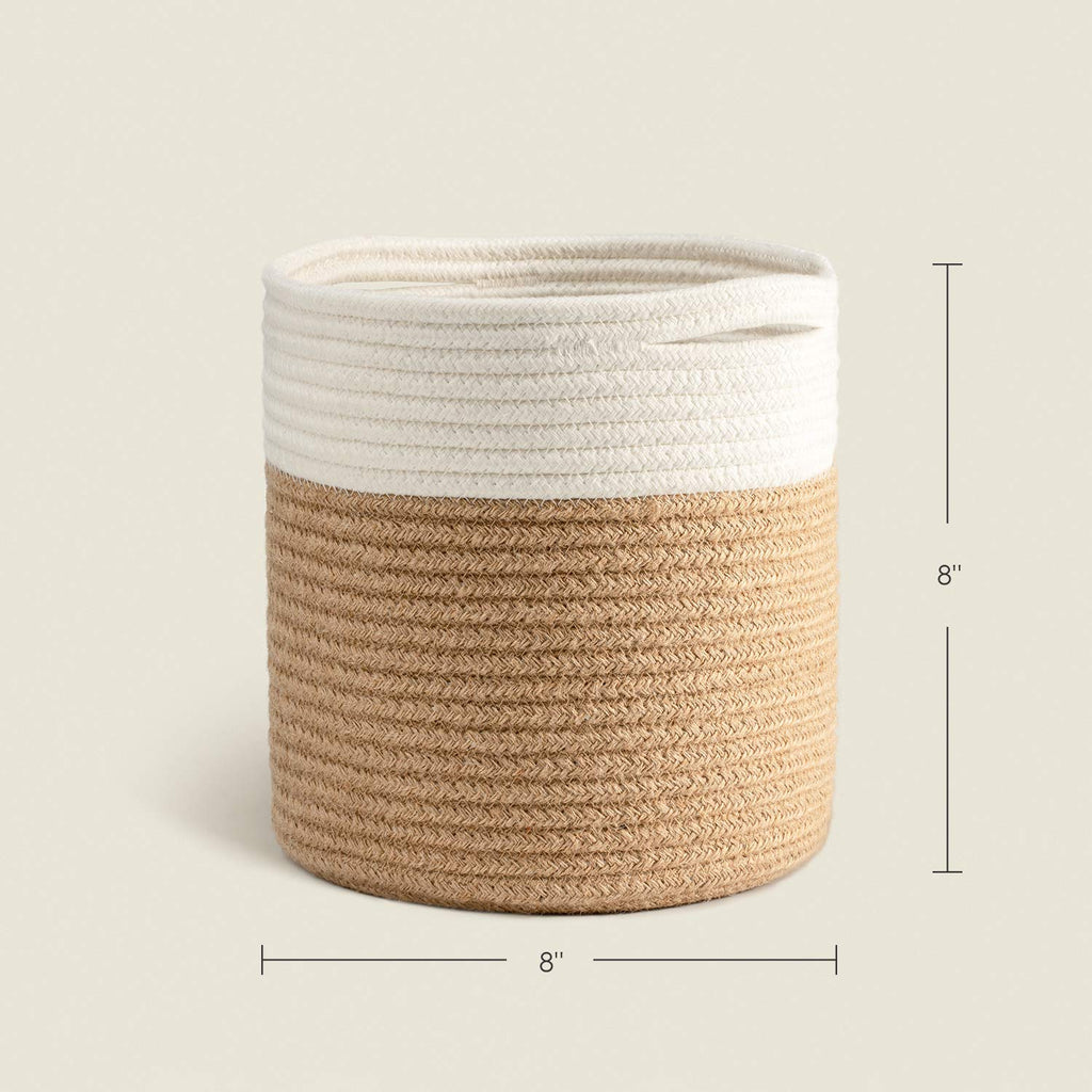 TIMEYARD Sturdy Jute Rope Plant Basket Modern Woven Basket up to 7.5 Inch Flower Pot Floor Indoor Planters, 8” x 8” Storage Organizer Baskets Rustic Home Decor, Black Stripes