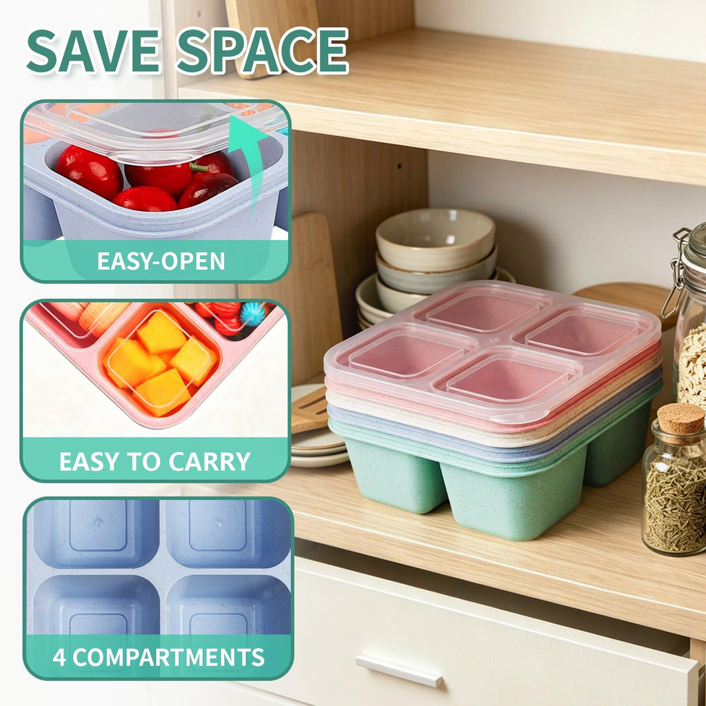 buluker 4 Pack Bento Snack Containers Set， 4 Compartment Food Storage Containers ，Wheat Straw Meal Prep Lunch Box ，Plastic Food Storage container, Microwave and Dishwasher Safe (4colour)