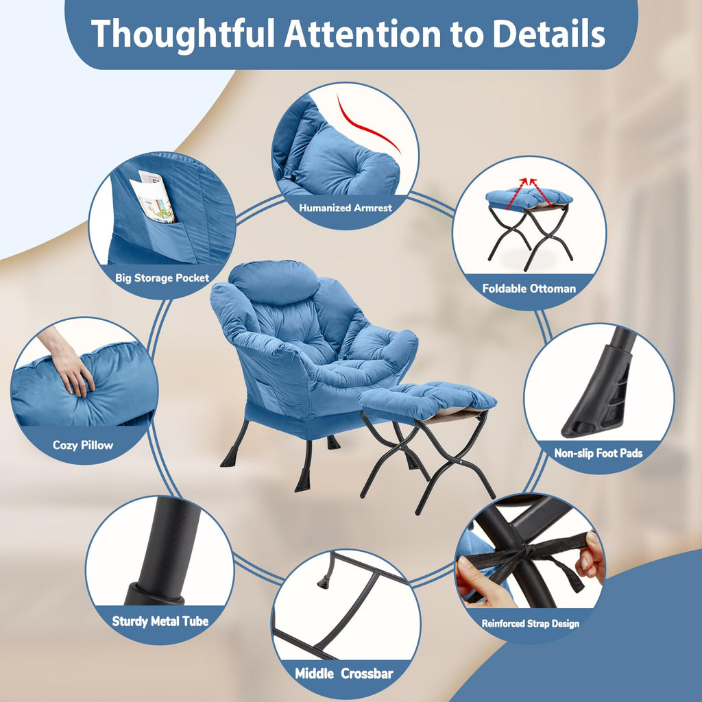 Youtanic Lazy Chair with Folding Ottoman, Accent Chair Velvet Upholstered with Metal Structure and Non-Slip Pads, Sofa Armchair with Footrest and Side Storage Bag for Dorm, Room, Office, Beige