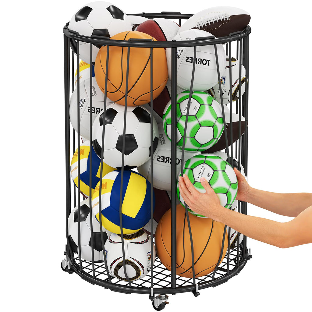 Hencawima Garage Ball Storage: Round Sports Equipment Organizer with Wheels, Sports Ball Rack With Elastic Rope, Ball Holder for Basketball, Soccer, Volleyball, Football, Garage, Gym, Outdoor (Black)