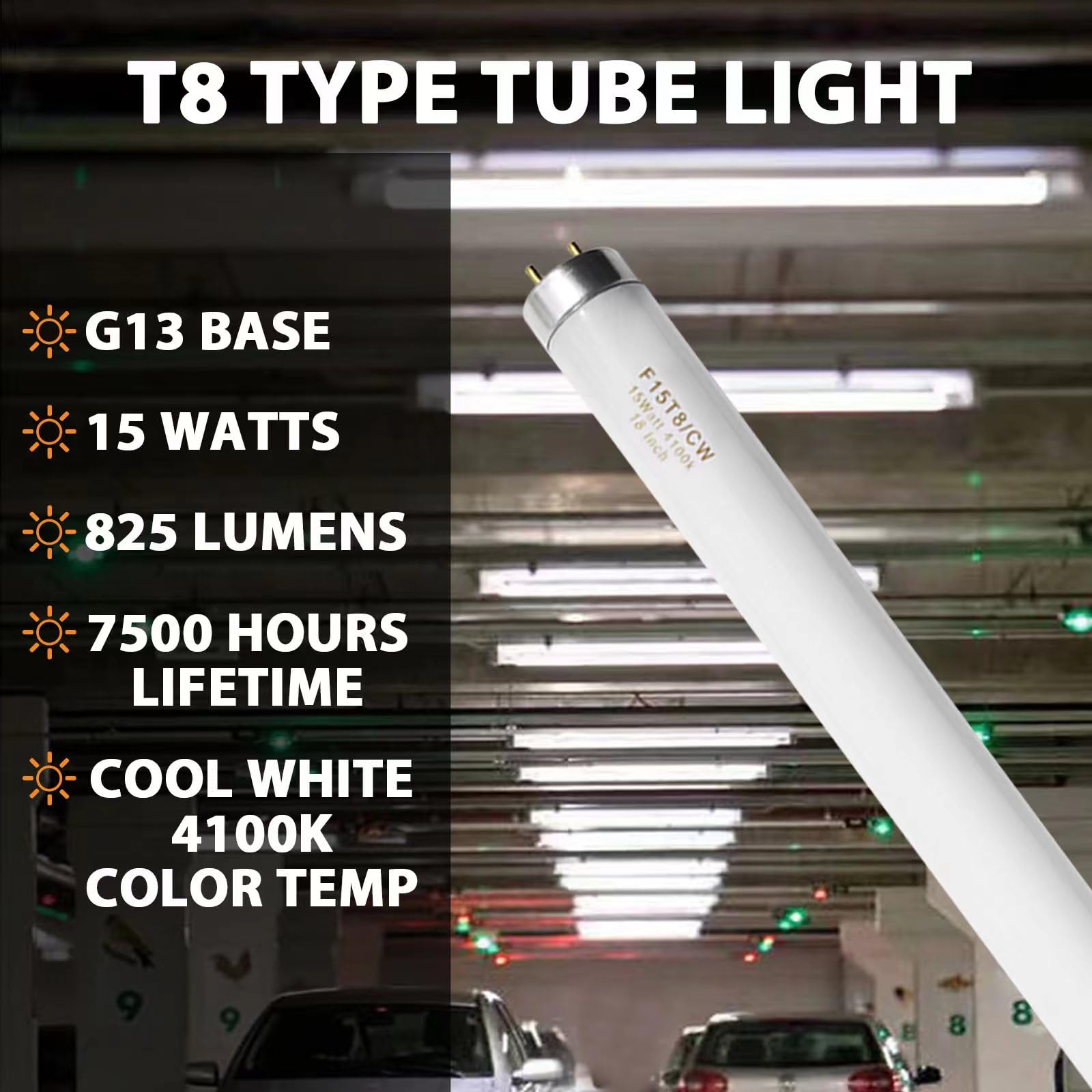 Konideke 18 Inch F15T8/CW T8 15W Fluorescent Light Bulb Cool White, F15T8/SP41 Replacement Bulb for Garage, Office, Kitchen Under-Cabine, G13 Base 6 Count