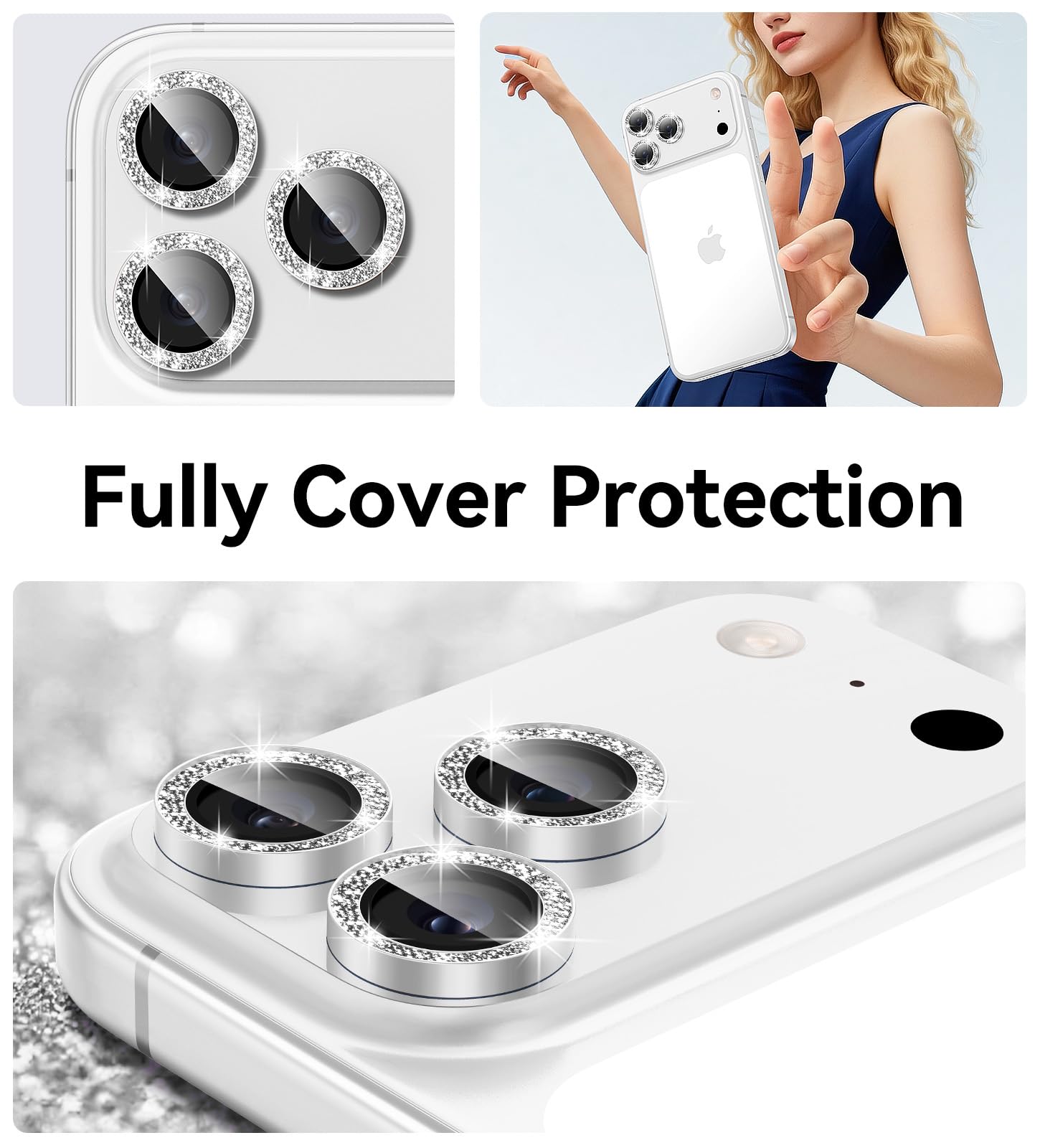 Matekxy Glitter Camera-Lens Protector for iPhone-16 Pro-Max - 16 Pro Anti-Scratch Tempered Glass with Aluminum Edging, Cute Girly Metal Individual Bling Ring Cover for Women, Black Titanium